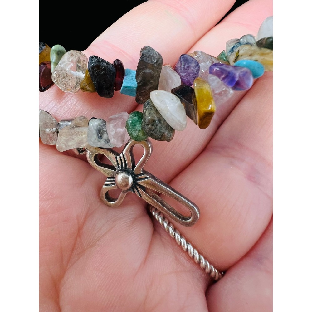 Sterling Silver 925 Multi Gemstone Chip Double Strand Cross Pendant Necklace - Picture 6 of 9